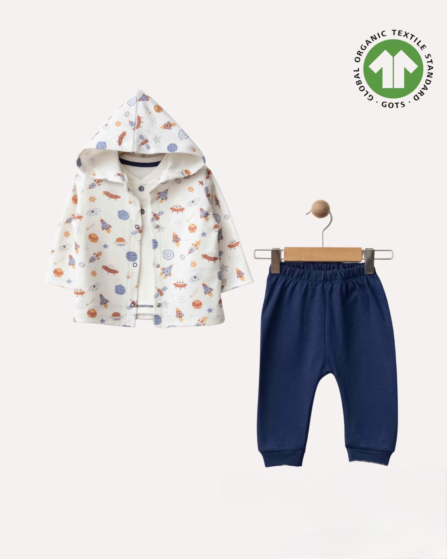 Uzay Desenli Kapüşonlu 3’lü Organik Pamuk Erkek Bebek Takımı