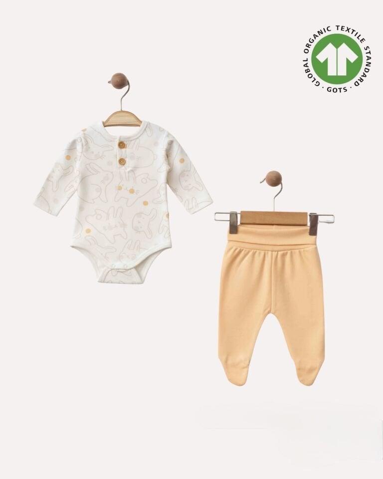 Tavşan Desenli Organik Pamuk Body&Ayaklı Pantolon Takımı