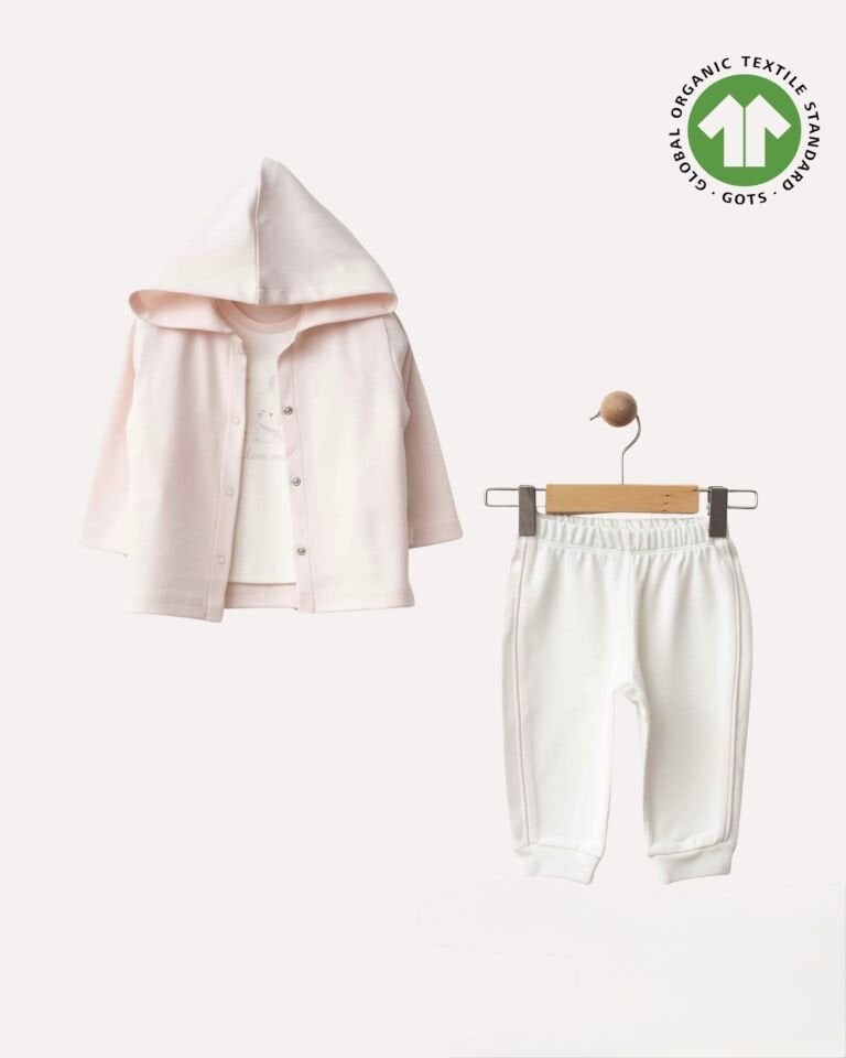 Toz Pembe Kapüşonlu Organik Pamuk Kız Bebek 3'lü Takımı