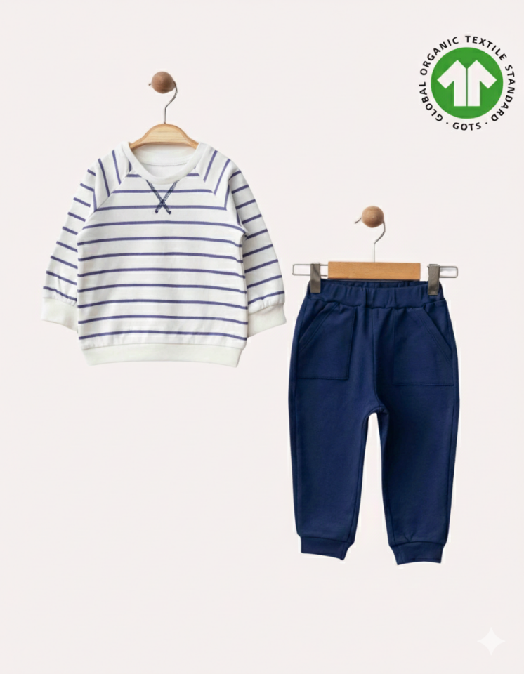 Lacivert Çizgili Organik Pamuk Erkek Bebek Sweatshirt Pantolon Takımı