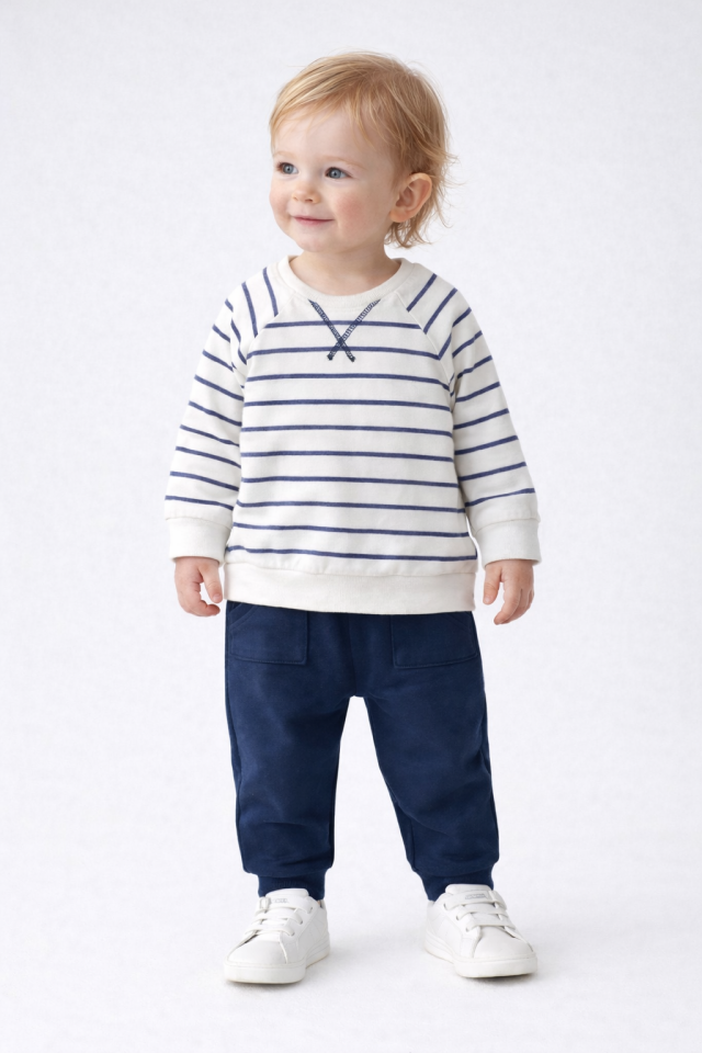 Lacivert Çizgili Organik Pamuk Erkek Bebek Sweatshirt Pantolon Takımı