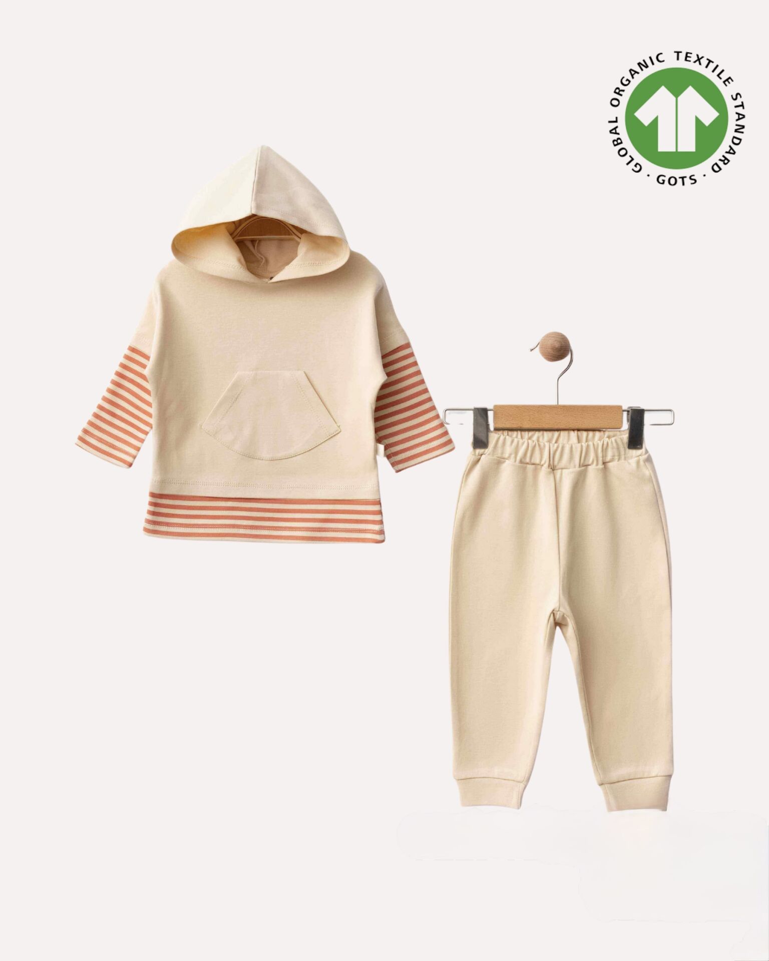Çizgili Kapüşonlu Organik Pamuk 2’li Bebek Takımı Bej