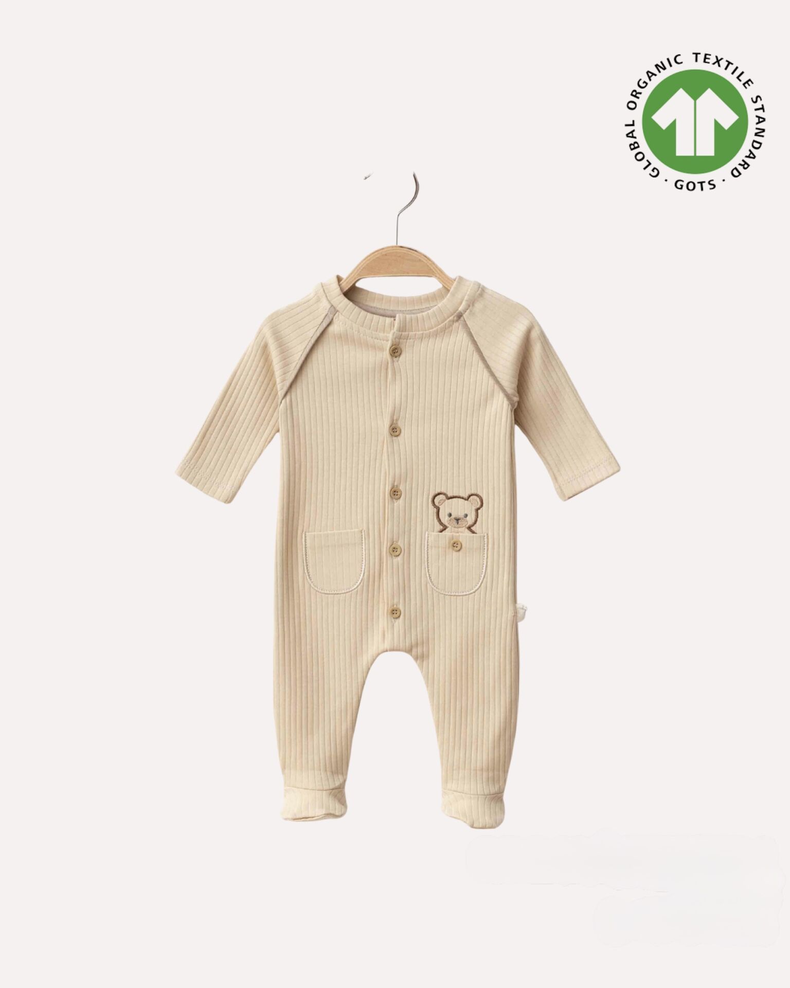 Ayıcık Nakışlı Ayaklı Bebek Bej Tulum