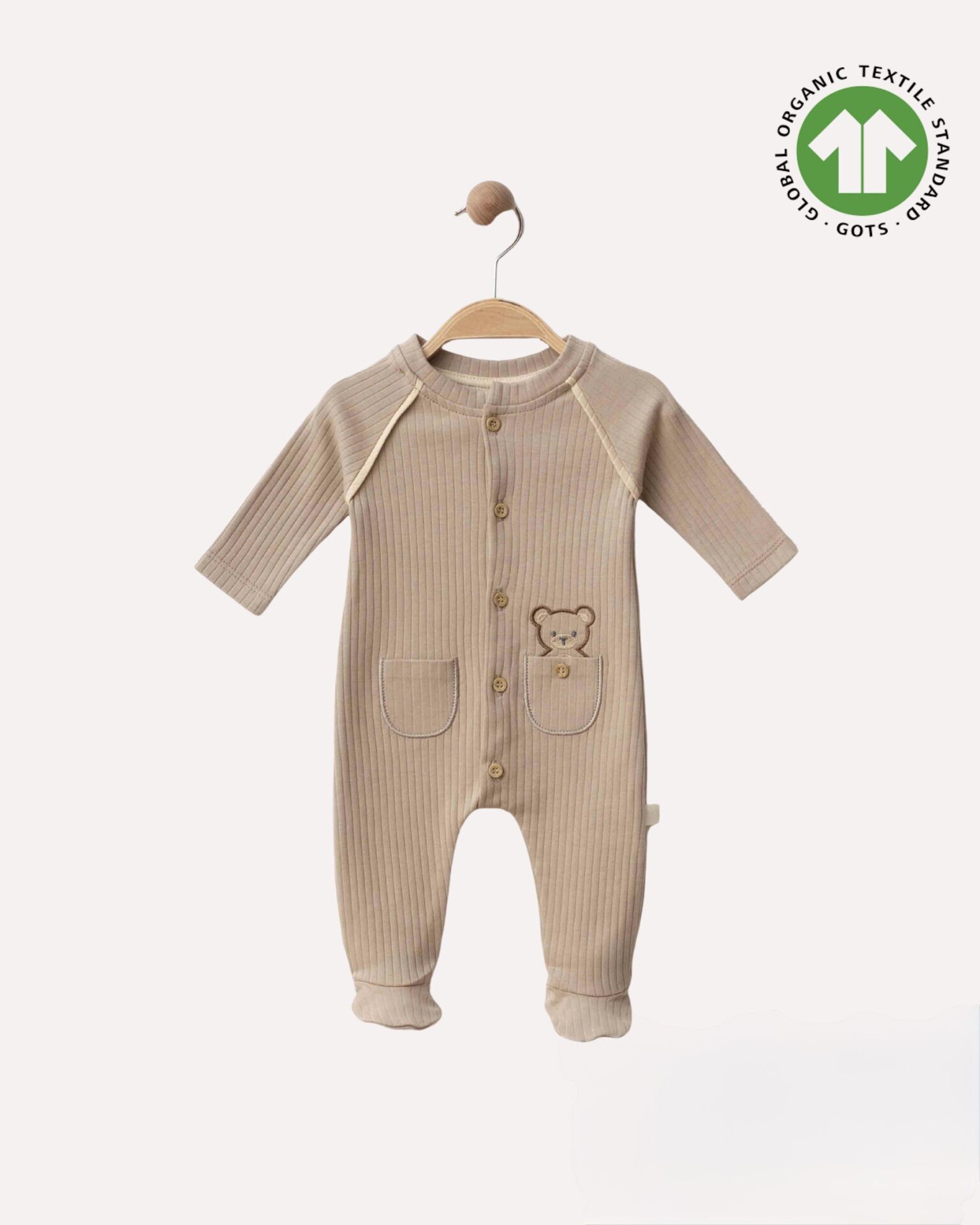 Ayıcık Nakışlı Ayaklı Bebek Vizon Tulum