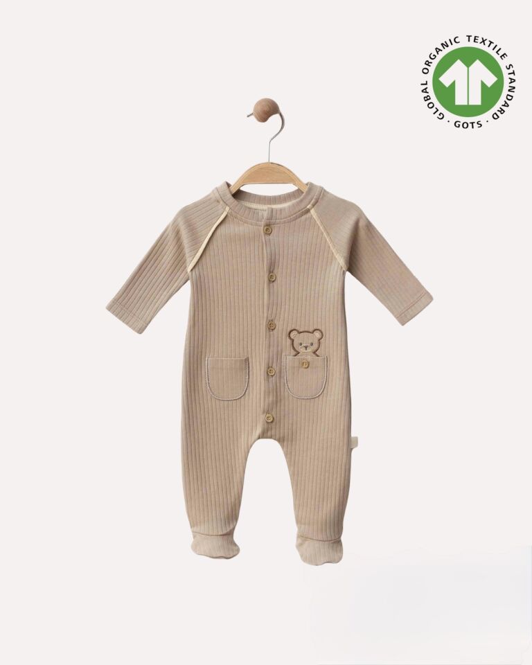 Ayıcık Nakışlı Ayaklı Bebek Vizon Tulum