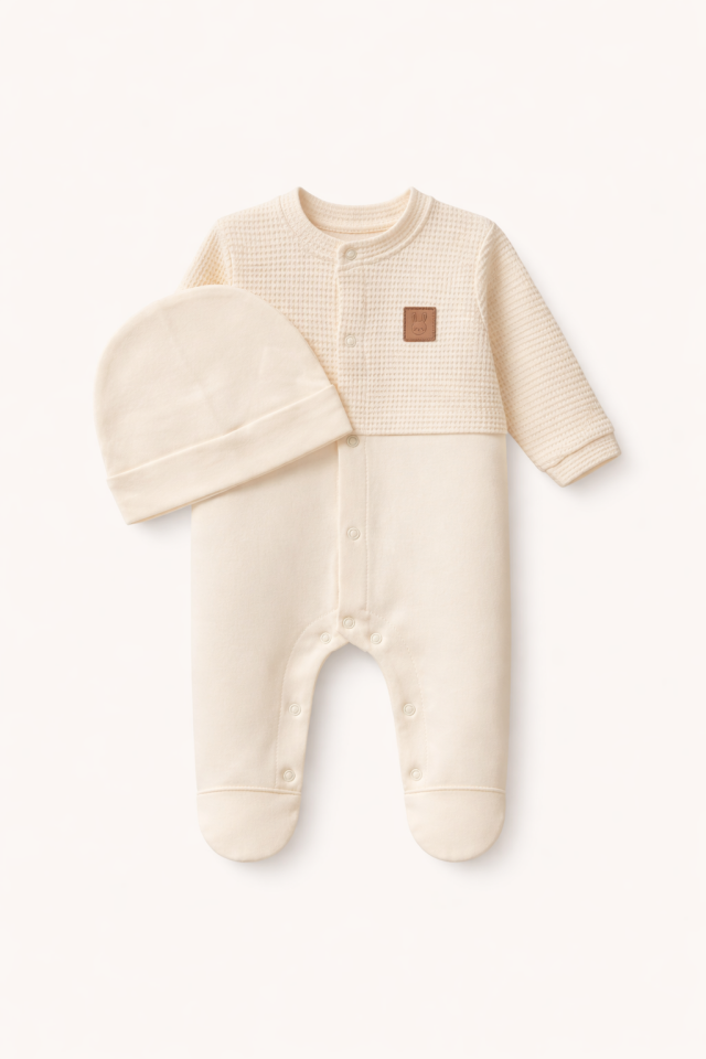 Waffle Kumaș Bebek Tulum-Șapka Takımı