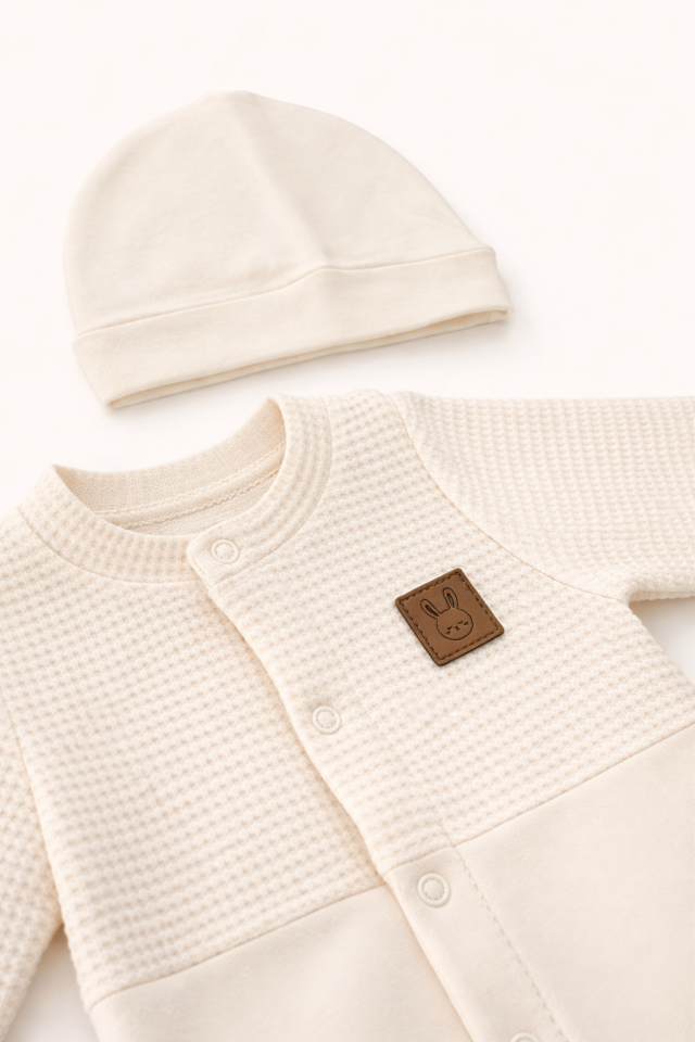 Waffle Kumaș Bebek Tulum-Șapka Takımı