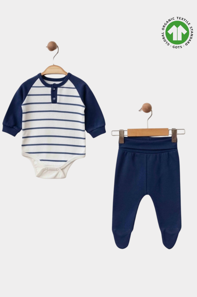 Navy Stripe Premium Organik Pamuk Body&Ayaklı Pantolon Takımı
